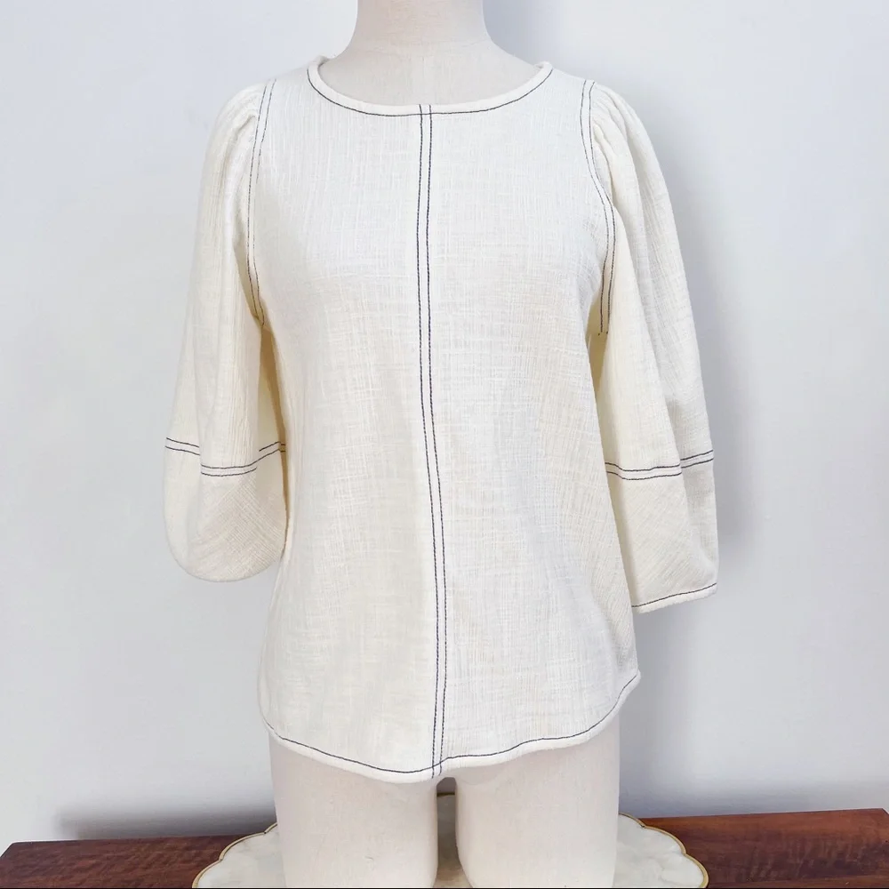 Anthropologie White 3/4 Puff Sleeve Light Cotton Blend Top Blouse Sz XS